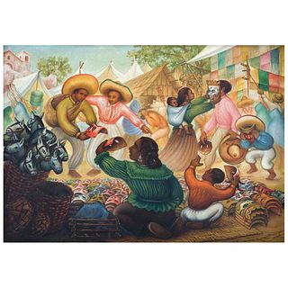 DESIDERIO HERNÁNDEZ XOCHITIOTZIN, Mercado de máscaras, signed and dated 1953 front and back, Oil on masonite, 22.4 x 31.6" (57 x 80.5 cm)