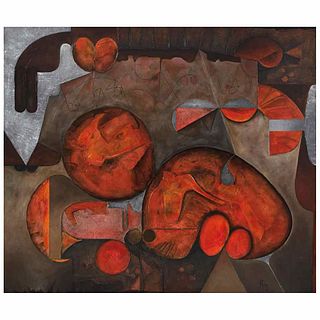 MANUEL FELGUÉREZ, Viaje en el tiempo, Signed and dated 2-91, Oil and resin on canvas, 45.2 x 52.9" (115 x 134.5 cm), Certificate