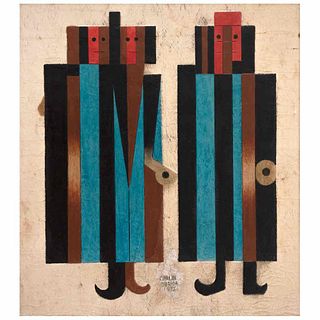 CARLOS MÉRIDA, El connubio, Signed and dated 1975 front and back, Petroplastic on amate paper, 22.8 x 21" (58 x 53.5 cm), Documents