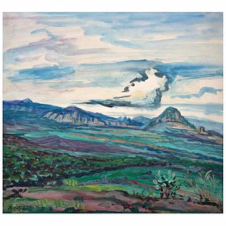 RAÚL ANGUIANO, Montañas de Tepoztlán, Signed and dated 71 front and back, Oil on watercolor on canvas, 19.8 x 21.7" (50.5x55.3cm), Certificate