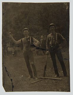 Tintype of Two Baseball Players with Bowler Hats