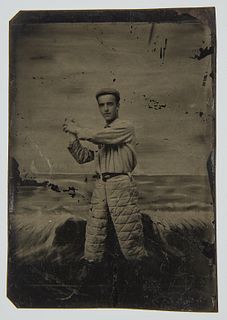 Tintype of Baseball Catcher posing with Ball