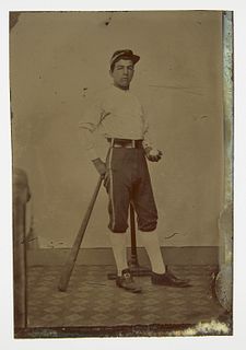 Tintype of Baseball Player with Bat and Ball