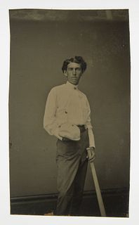 Tintype of Baseball Player with Bat and Cap
