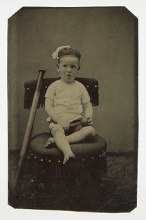 Tintype Seated Child with Baseball Bat