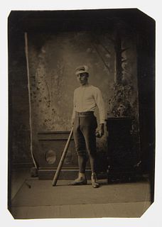 Tintype of Baseball Player with Bat & Ball