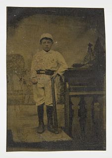 Tintype of Young Batter with Ball and Bat