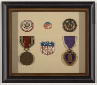 6 Framed Patriotic Pins Including Purple Heart