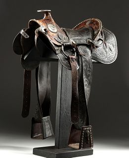 19th C. Mexican Leather Charro Saddle w/ Silver Pommel