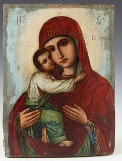 Russian Icon of the Virgin of Vladimir, 19th c., oil on curved wooden panel, H.- 11 3/4 in., W.- 8 1/2 in.