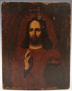 Russian Icon of Christ, 19th c., oil on curved wooden panel, H.- 8 3/4 in., W.- 7 in.
