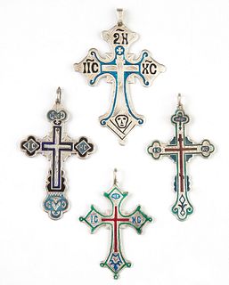 Four Russian Enamel and Silver Orthodox Cross Pendants, Moscow, c. 1900, Largest- H.- 2 3/4 in., W.- 1 3/4 in. (4 Pcs.)