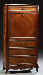 French Carved Mahogany Marble Top Secretary Abattant, early 20th c., the highly figured rounded edge and corner rouge marble over a...