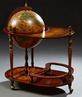 French Carved Beech World Globe Bar, 20th c., with antique map decoration, the interior fitted for a bottle and glasses, the oval to...