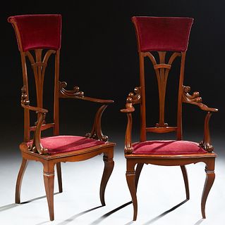Pair of French Carved Walnut Tallback Armchairs, 20th c
