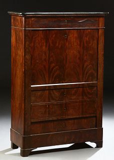 French Louis Philippe Carved Mahogany Marble Top Secretary Abattant, 19th c., the rounded edge and corner figured black marble over...