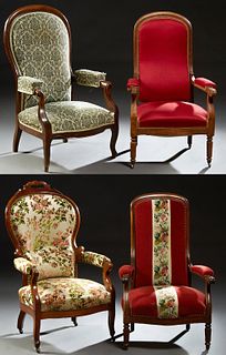 Group of Four French Louis Philippe High Back Fauteuils, late 19th c., two walnut with reeded legs, in russet upholstery, one cherry...