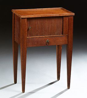 French Empire Style Tambour Nightstand, 20th c., the rectangular dished top above a tambour door over a single drawer, on square tap...