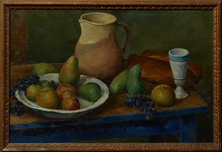 Eugene Corneau (1894-1976), "Still Life of a Table Top with Fruit and Bread," 20th c., oil on canvas, unsigned, presented in a carve...