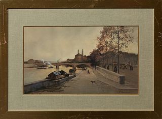 Paul Renard (1941-1997), "Paris River Scene," 20th c., gouache, signed lower right, presented in a gilt frame with a wide linen line...