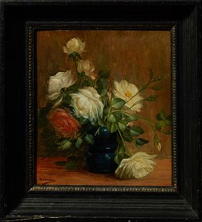 Max Albert Carlier (1872-1938), "Still Life of Roses in a Blue Vase," oil on panel, early 20th c., presented in an ebonized frame wi...