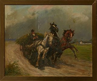 Polish School, "Horses and the Hay Wagon," 1988, oil on canvas, signed indistinctly lower right, presented in a gilt frame, H.- 19 i...