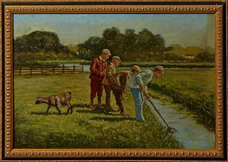 Cornelis Koppenol (1865-1946), "Boys Fishing in a Ditch," early 20th c., oil on panel, signed lower left, presented in a gilt and po...