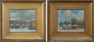 Antal Berkes, "Paris Street Scene," 20th c., pair of oil on boards, signed lower right, presented in a wide gilt frame, H.- 5 in., W...