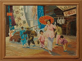 G. J. Bassani, "Oriental Scene," 20th c., signed lower right, presented in an infinished pine frame, H.- 19 1/2 in., W.- 27 3/4 in.