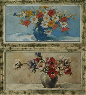 Pierre Richard, "Still Life of Flowers in a Blue Vase," and "Still Life of Flowers in a Green Vase," pair of oil on canvas, both sig...