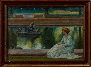 Maurice Jean Lefebvre (1873-1954, Belgian), "Young Woman by a Park Fountain," 1901, oil on canvas, signed and dated