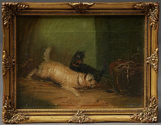 T. Langlois, "Dogs Chasing a Rat," 19th c., oil on canvas, signed lower left, presented in a gilt and gesso frame, H.- 5 3/4 in., W....