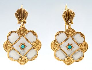 Pair of 14K Yellow Gold Floriform Earrings, suspended from shell form studs, H.- 1 1/4 in, W.- 3/4 in.