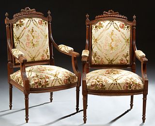 Pair of French Louis XVI Style Carved Beech Armchairs, 19th c