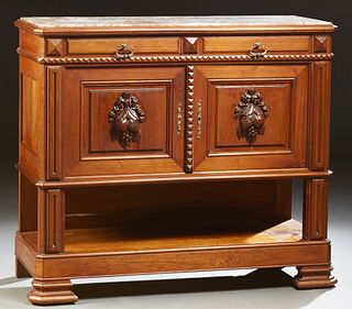 French Henri II Style Carved Oak Marble Top Server, late 19th c., the inset highly figured tan marble over two frieze drawers and do...