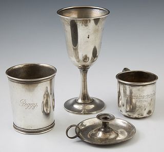 Four Pieces of Sterling, consisting of a goblet, by Wallace, #16; a child's cup by Gorham; a julep cup by Reed & Barton; and a dimin...
