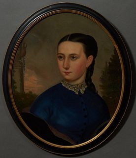 English School, "Portrait of a Lady with a Lace Collar," 19th c., oval oil on canvas, presented in an ebonized and gilt frame, H.- 2...