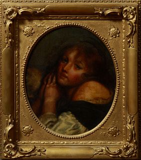 French School, "Portrait of a Woman With Clasped Hands," early 19th c., oil on canvas, presented in a period gilt and gesso frame, H...