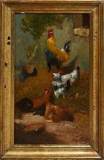 H. Schouten (1857-1927), "Chickens in the Farmyard," 19th c., oil on board, presented in a period gilt and gesso frame, H.- 15 in.,...