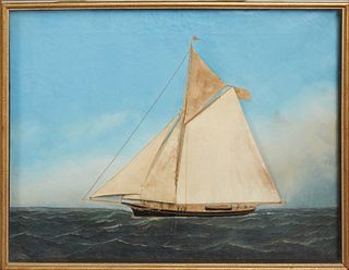 Attributed to Thomas H. Willis (1850-1925, English), "Ship's Diorama of a Single Mast Schooner,"oil on canvas, with relief cloth sai...