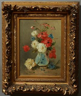 Henry Schouten (Jos Klaus, 1857-1927, Dutch), "Still Life of Flowers in a Pale Blue Vase," c. 1900, oil on canvas, signed lower righ...
