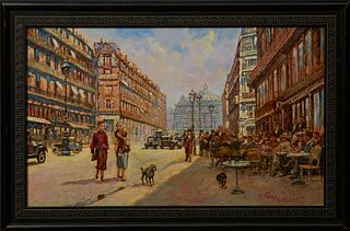 Pierre Guillaume (1954-, French), "Paris Street Scene," 20th c., oil on canvas, signed lower right, presented in a wide carved eboni...