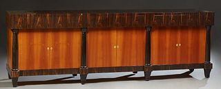 French Macassar and Satinwood Sideboard, 20th c., the banded rectangular top over three frieze drawers over three setback pair of do...