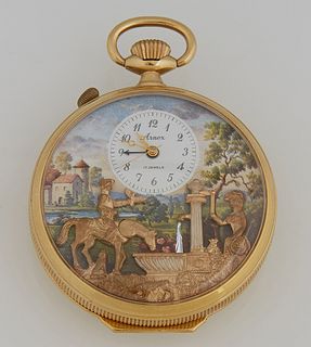Arnex Reuge Pocket Watch with Music and Automaton, 20th c., the painted face with a country landscape fountain scene with applied me...