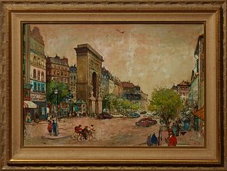 Antal Jancsek (1907-1985, Hungarian), "Paris Street Scene," 20th c., oil on canvas, signed lower right, presented in a carved giltwo...