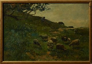 Willem Steelink (1826-1913, Dutch), "Shepherd and Sheep," 19th c., oil on canvas, laid to panel, signed lower right, presented in a...