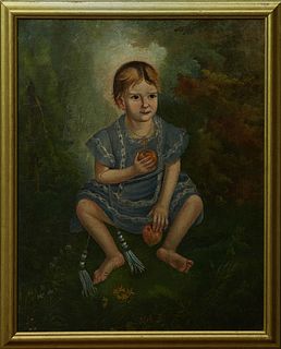 Southern School, "Portrait of a Child with Peaches," early 19th c., oil on canvas, presented in a gilt frame, H.- 30 1/4 in., W.- 24...