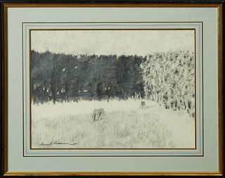 David Anderson (1946- , American), "Horses in the Field," graphite, signed and dated lower left, presented in an ebonized frame with...
