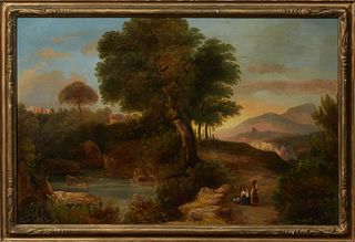 Ernest Finkernagel (19th c., New York), "Landscape With Figures and Sheep," 1855, oil on canvas, signed and dated lower right, prese...