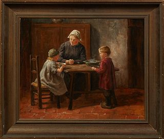 Hendricus Antonius Dievenbach (1872-1946, Dutch), "At the Kitchen Table," 19th c., oil on canvas, signed lower right, presented in a...